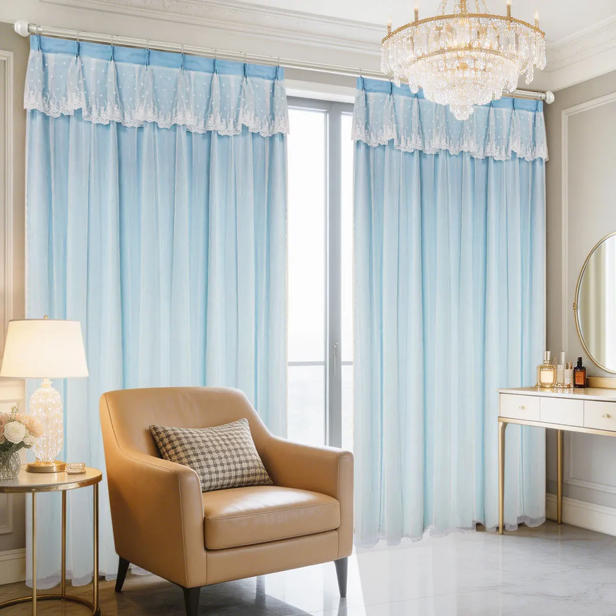 Sky Blue Double Layer Lace Valance Pinch Pleat Curtains, Sheer Light Filter Drapes for Fresh French Kid Bedroom Decor