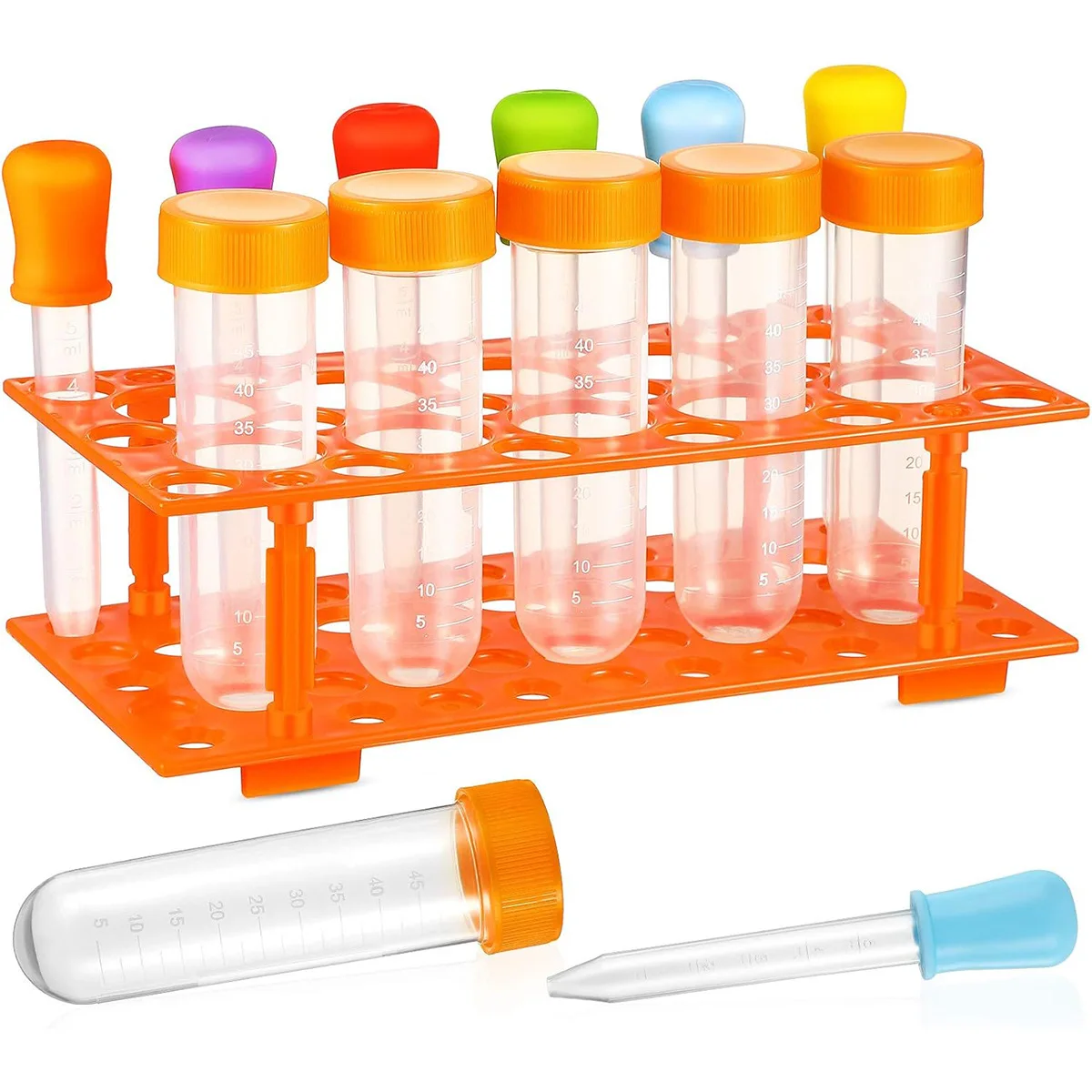 Test Tubes with Stand Set, Primary Science Including 5 Pcs Test Tubes, 6 Pcs Liquid Droppers Silicone and 1 Piece Storage Stand