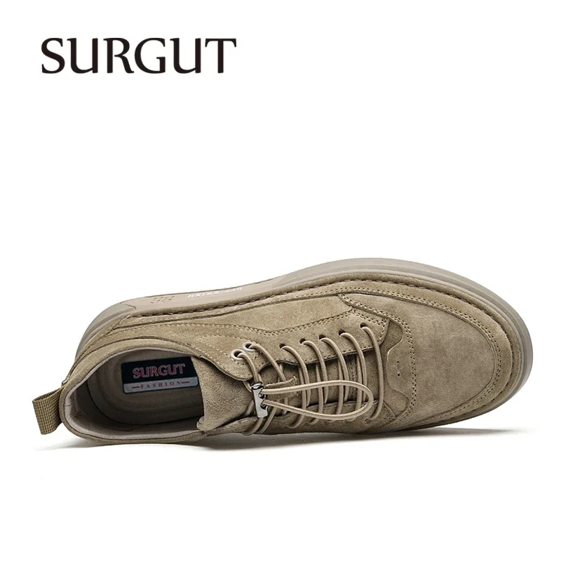 SURGUT Men Casual Shoes Split Leather Board Shoes Men Lightweight Soft Anti-skid Wear-resistant Lace Up Shoes Size 37-45