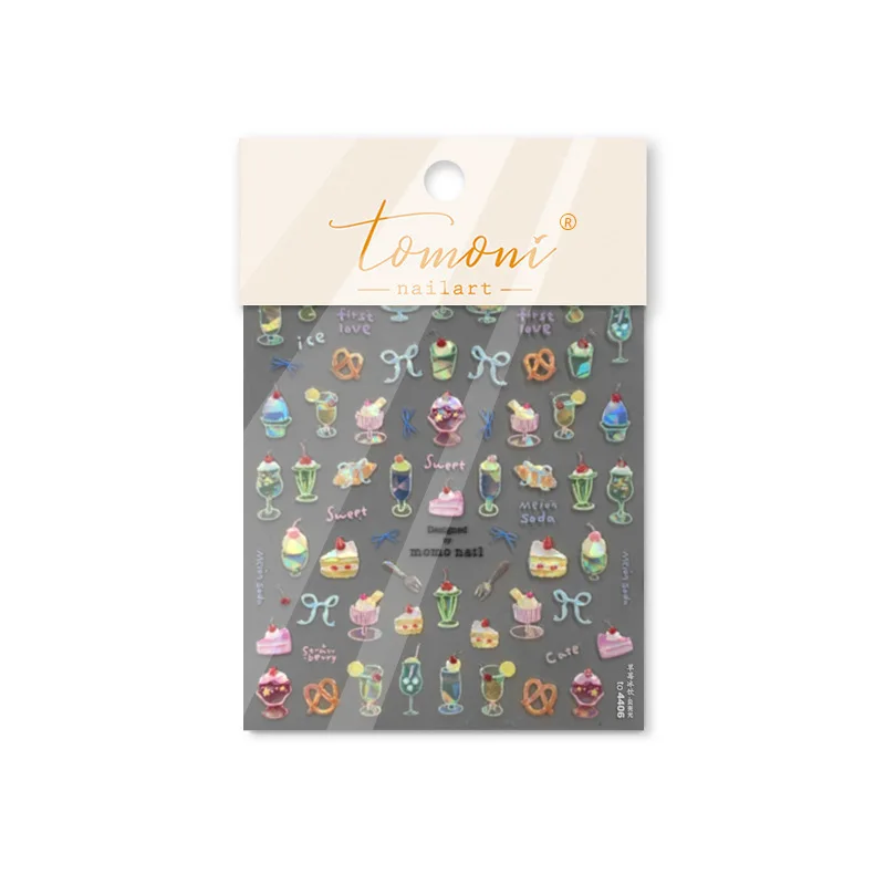 5D colorful food nail stickers pudding alkaline water bow cream fork cup bread jelly fruit design cake embossed nail art sticker