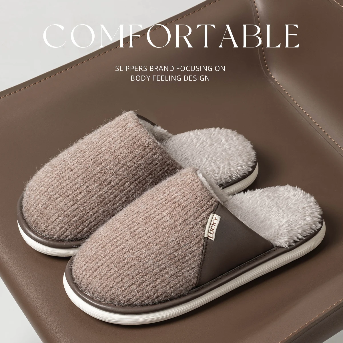 Men Cozy Warm Knit Faux Leather Slippers Soft Plush Lining Anti‑Slip Indoor Winter House Shoes