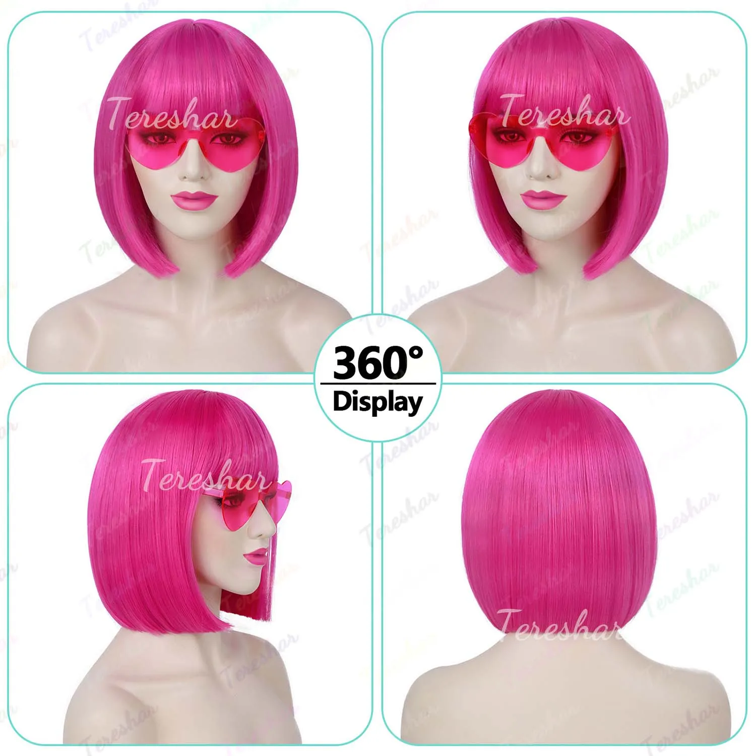 Synthetic Hot Pink Bob Wig+Sunglasses for Women Short  display picture 2