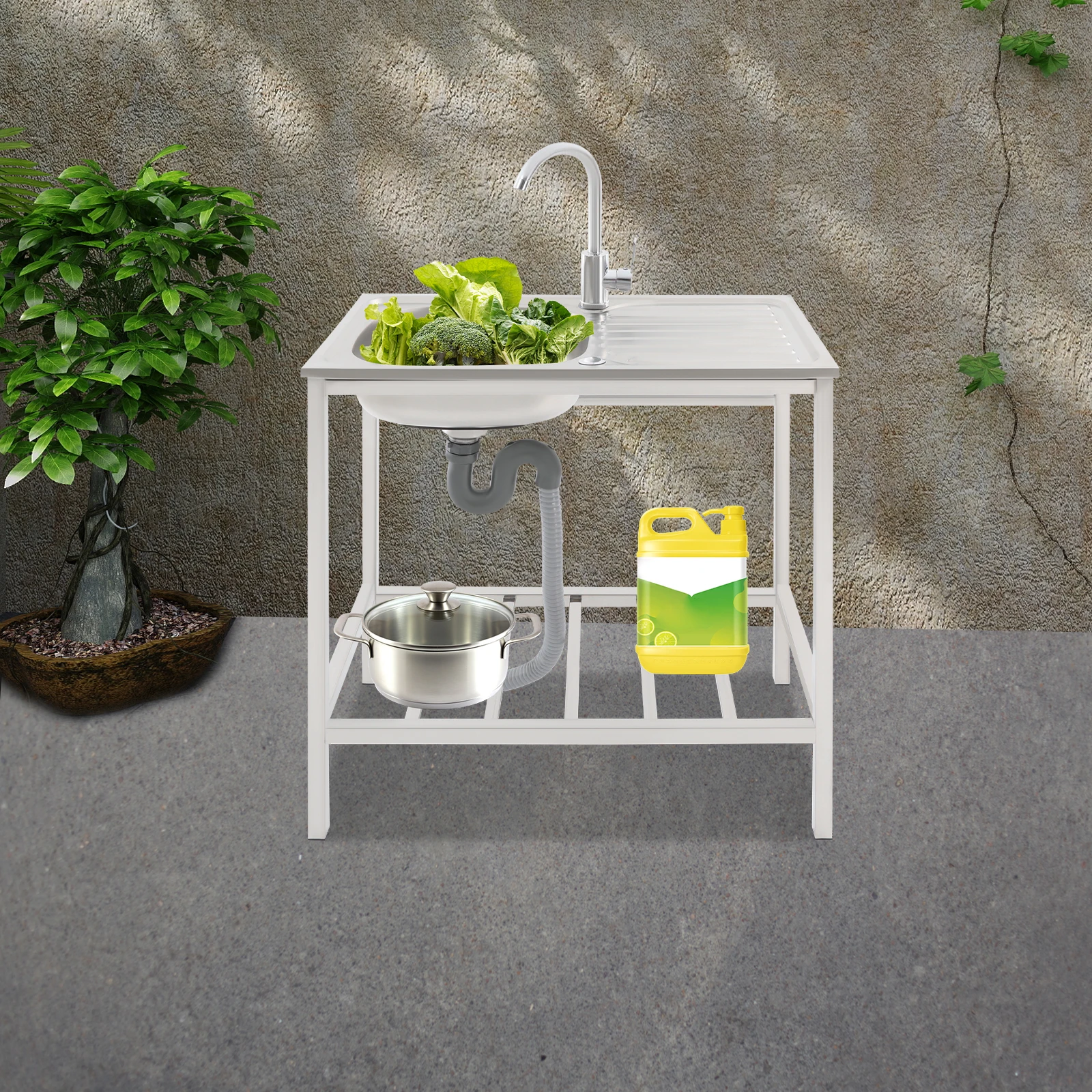 

Freestanding Sink: Rotatable Faucet, Spacious Countertop & Storage Rack for Kitchen/Laundry Room