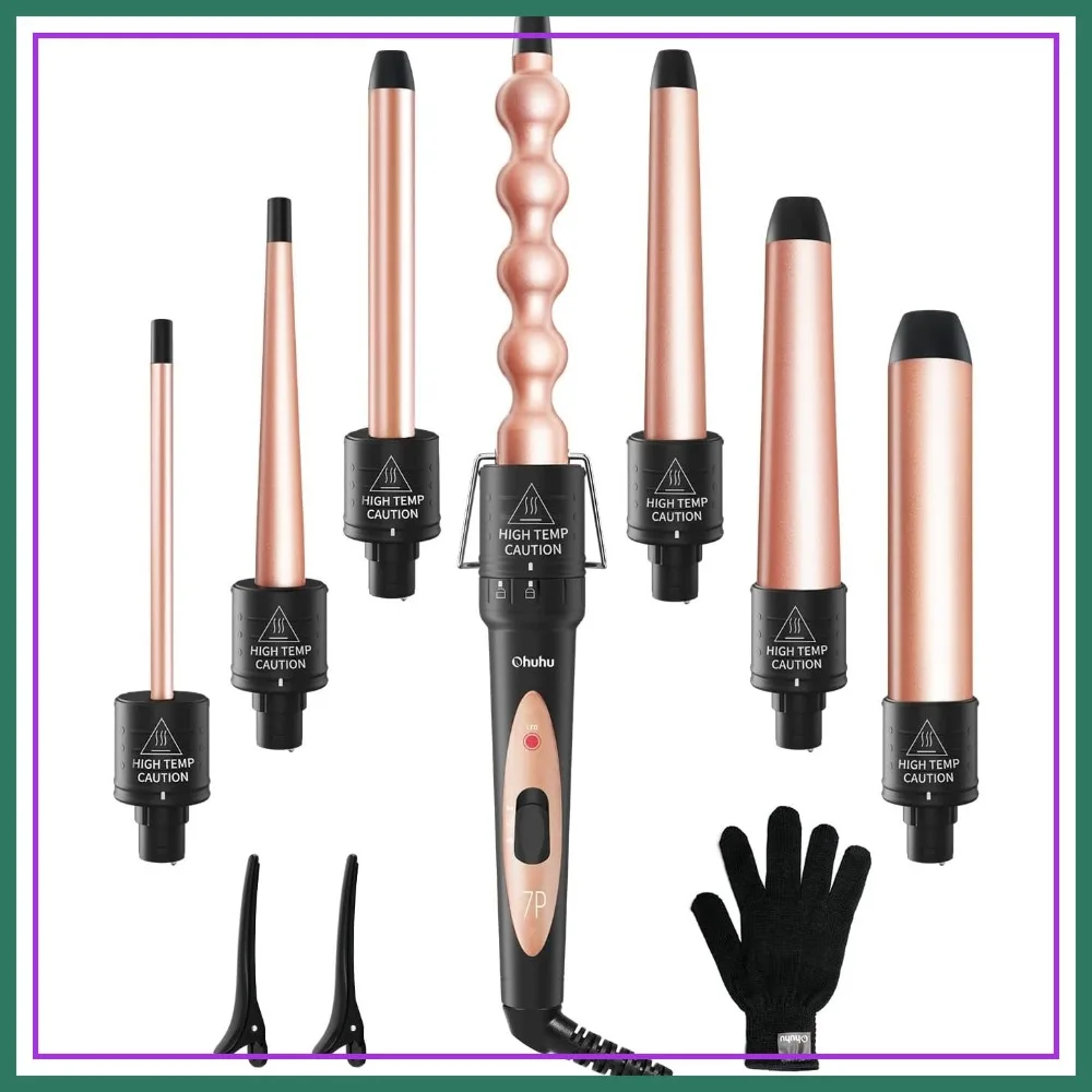 

7 in 1 Curling Wand Set, 0.35-1.25 Inch Interchangeable Ceramic Barrels, Dual Voltage Hair Curler with Glove & Clips, Rose Gold