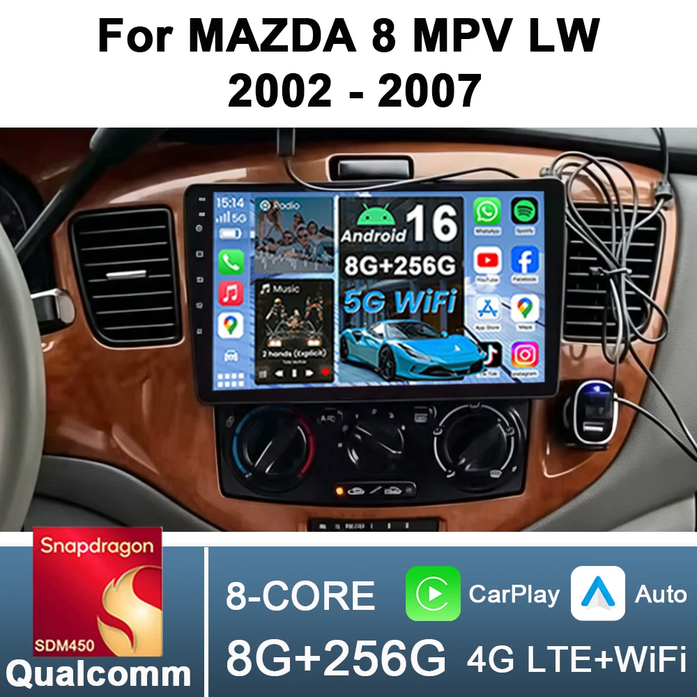 2Din 9inch CarPlay Android Auto Car Radio for MAZDA 8 MPV LW 2002 - 2007 Multimedia Navigation GPS RDS DSP 4G BT Qualcomm 8 Core