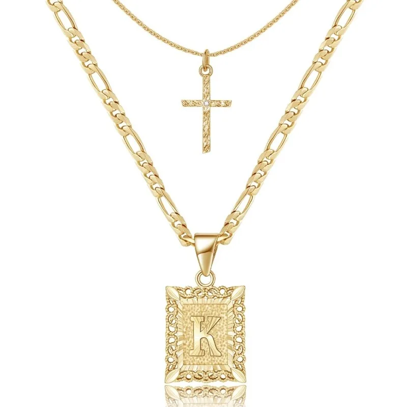 Gold Layered Initial Cross Necklace,14K Gold Plated  Letter Pendant Figaro Chain Cross Choker from A-Z Capital Jewelry for Women