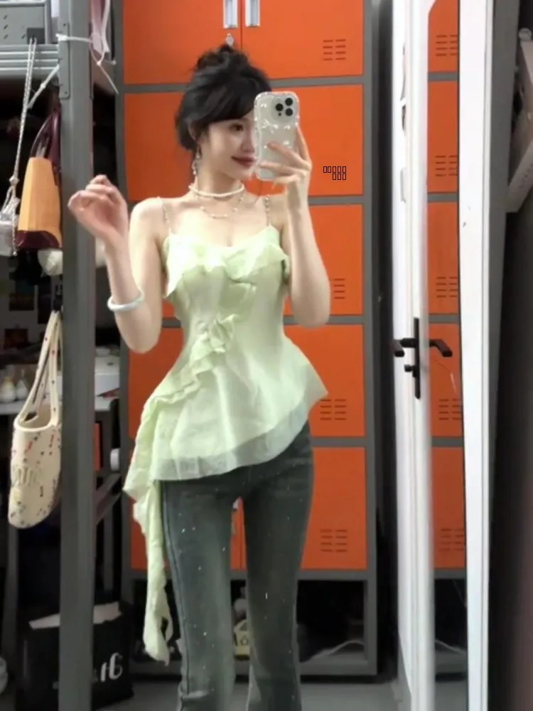 Mint Wave Sle Irregular Strap Vest Women Summer Design Sense Lace  Svel Waist in Slimming Sexy ort Top
