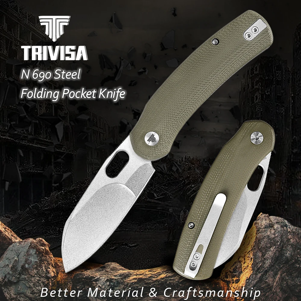 

Folding Knife for Men，Pocket EDC Knives with Clip for Camping Tool，N690 Steel Crossbar，G10 Hanlde,TRIVISA Lamb-03G
