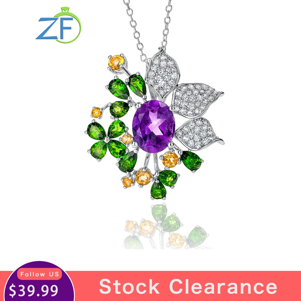 

GZ ZONGFA Pure 925 Sterling Silver Pendant Necklace for Women Natural Amethyst Citrine Chrome Gems Mixed Gems Fine Jewelry