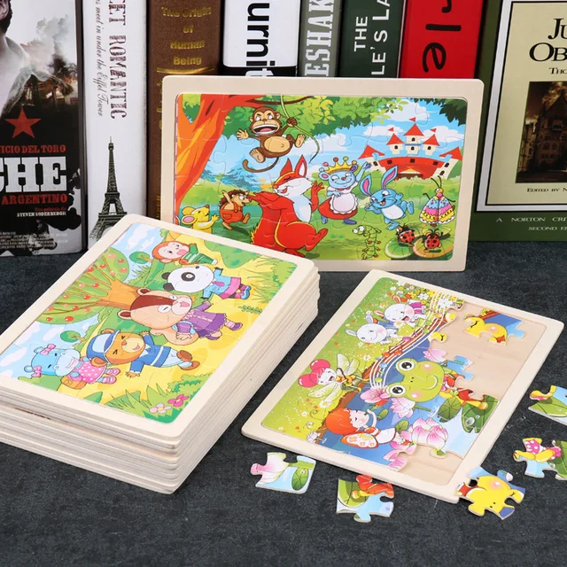 Nowe 24-elementowe drewniane puzzle z motywem zwierząt z kreskówek, zabawki edukacyjne na prezent.