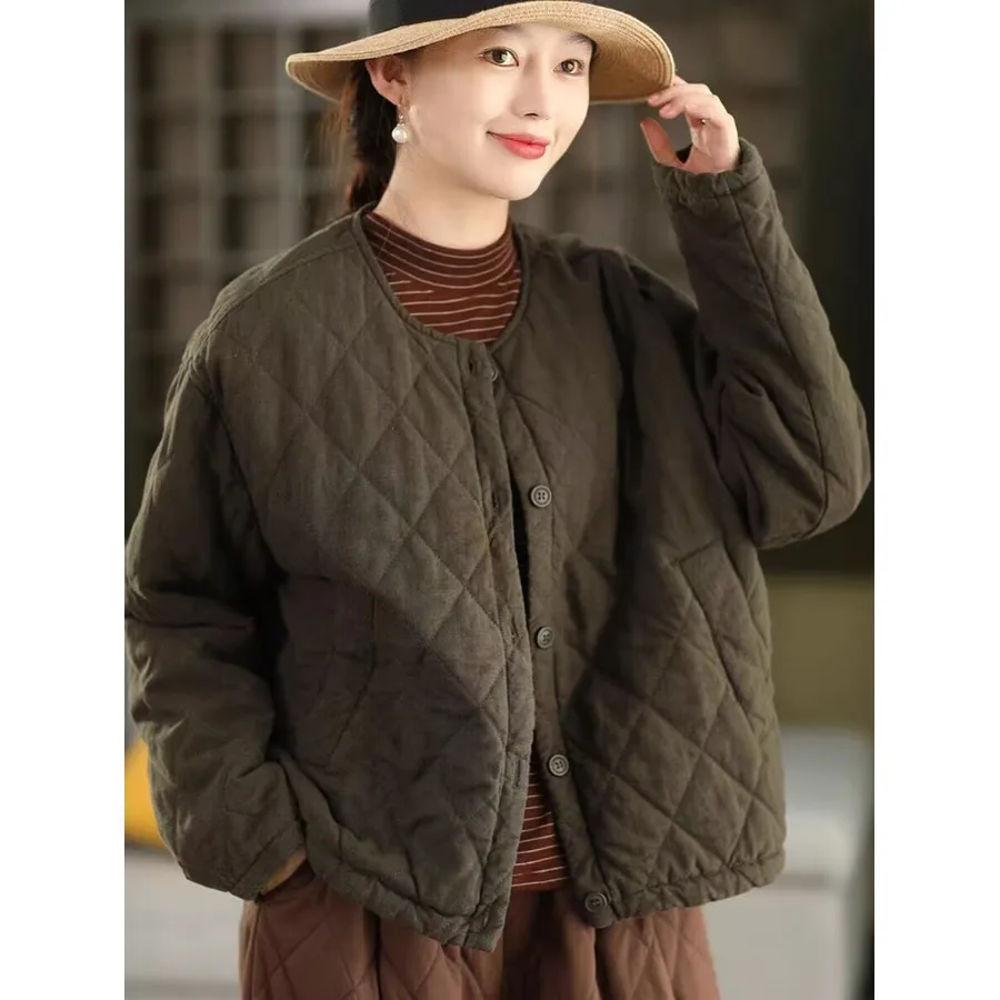 

Thiened, льняная хлопковая куртка в стиле ретро, теплая верхняя одежда с хлопковым сэндвичем, внутренний цвет, тканый узор, зимнее новое поступление