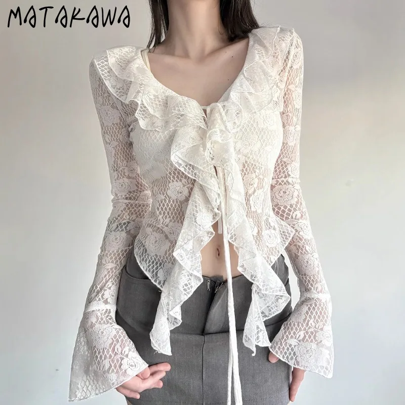 

Matakawa Lace Shirts&blouses Women Tops Y2k Clothes Spring Summer Ruffles Sexy Blusas Mujer Flare Sleeve Vintage Camisas