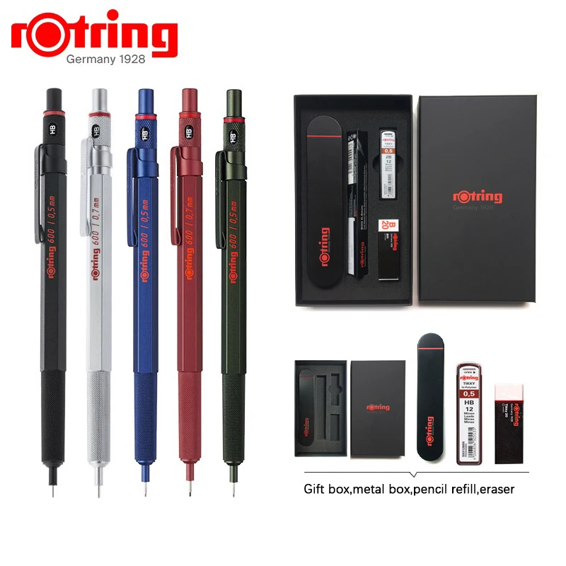 Rotring 600 Mechanical Pencils 0.5mm 0.7mm Professional Drawing Sketching Pens Metallic Body Hexagon Holder