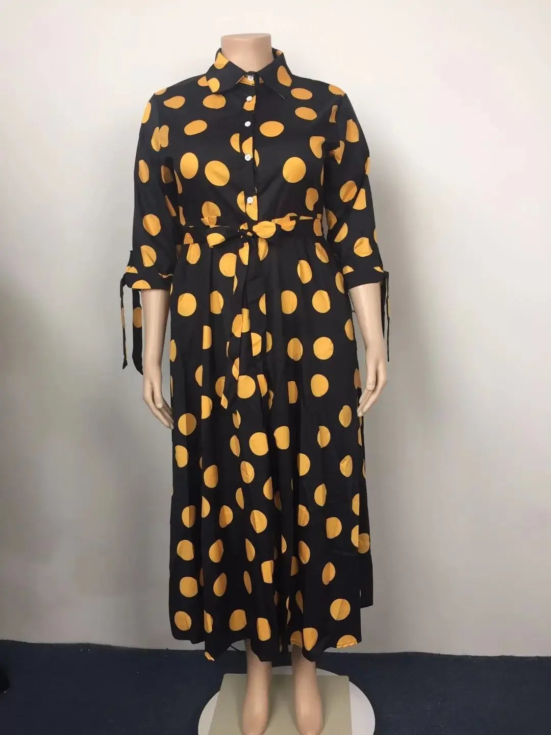 Plus Size Women Dots Printed Long Dress with Belt Autumn Half Sleeve Button Casual Dresses Elegant Streetwear Female Clothings