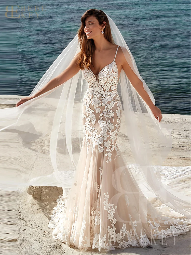 BEBEKEY Robe de mariée de luxe personnalisée bretelles Spaghetti Robe de soirée de mariage sirène dos nu robes de mariée robes formelles Robe