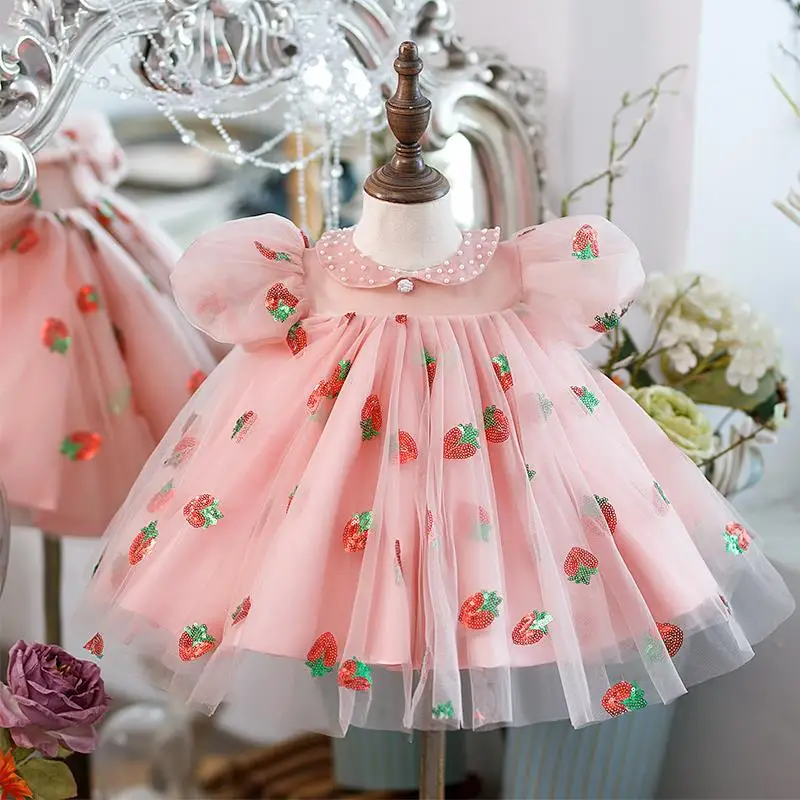 Baby Girls Cute Doll Collar Beading Strawberry Patterns Design Princess Ball Gown Children Birthday Party Fulffy Dress y1024