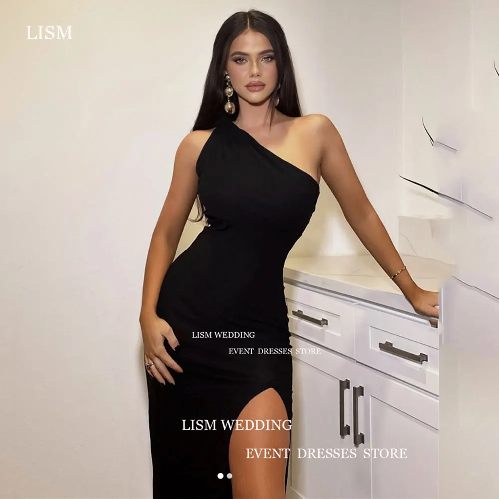 

LISM Sexy Black Satin Evening Party Dresses Arabic Dubai One-Shoulder High Slit Formal Prom Dresses 2023 Robes De Soirée