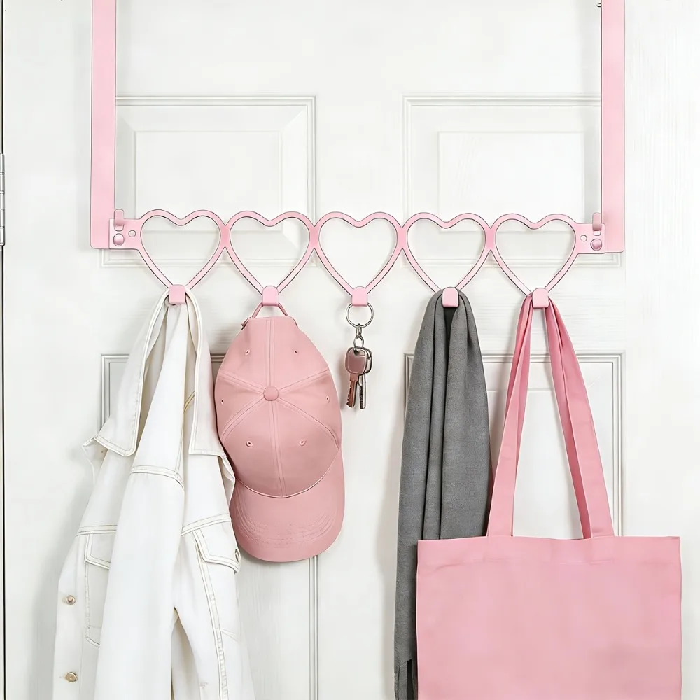 Iron Over The Door Hooks 5 Hooks Detachable Towel Hanger Pink Space Saving Heart-Shaped Door Holder