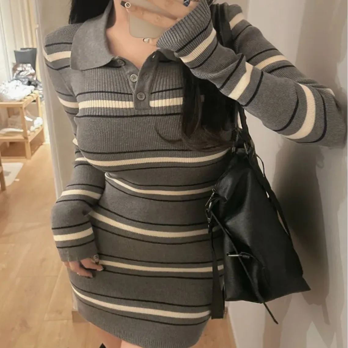 

Slim Fit Ne Knitted Dr Women's Chic Versatile Stripe Button ort Dr Korean Sle Faionable Body a Dr