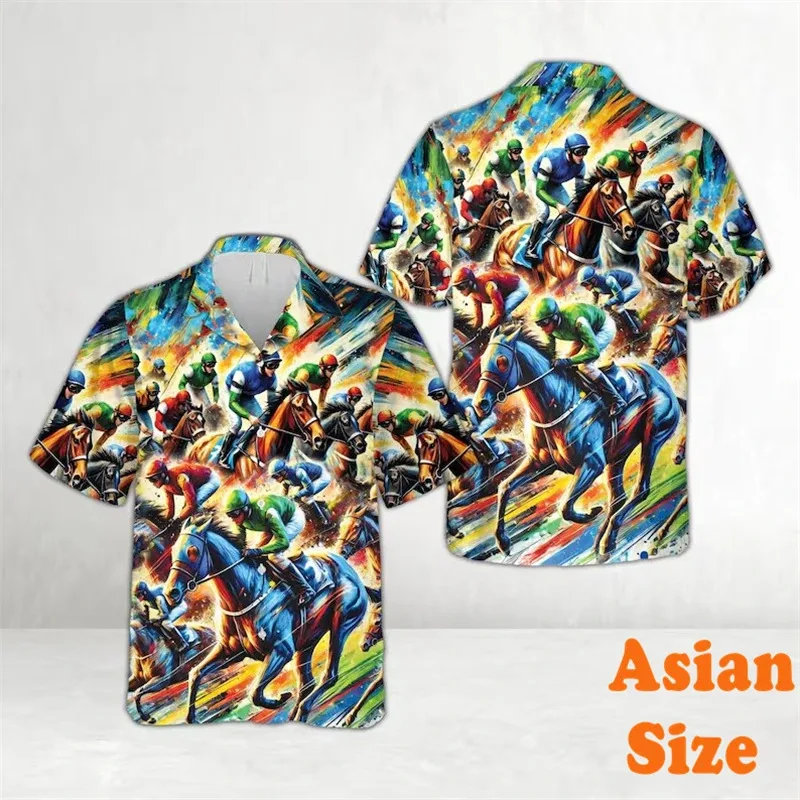 Fashion Horse Race All Over Print Shirts Men's Clothing Street Graffiti Design Harajuku Trend Short Sleeve Asian Size Blouse