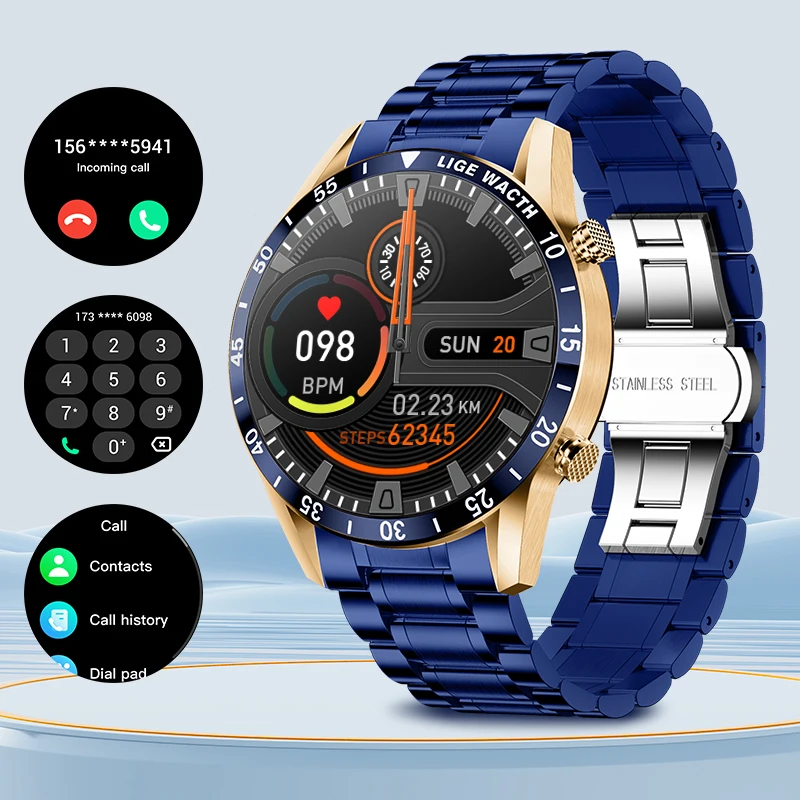 LIGE Luxury Steel Bluetooth Call Full Touch Screen Mens Smart Watch For Man Waterproof Sport Activity Fitness Men Smartwatches