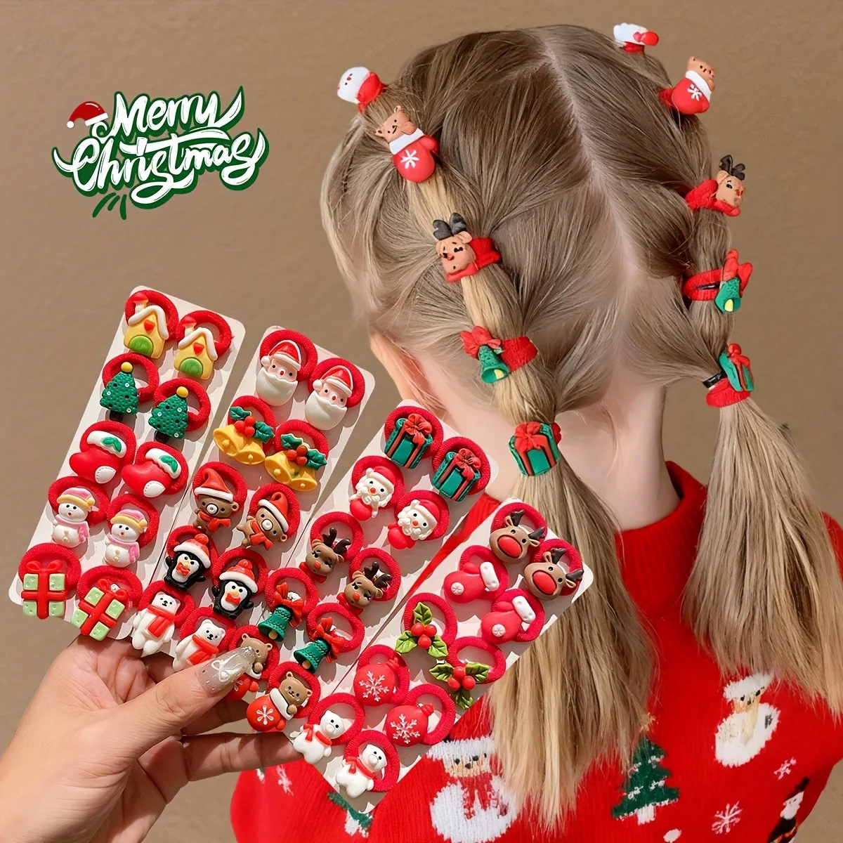 20/10 Pieces of Random Styles, Cute Christmas Hair Ties with Santa Claus and Christmas Tree Snowman Designs, Suitable as Christmas Gifts for Girls, Preferred Christmas Hair Accessories