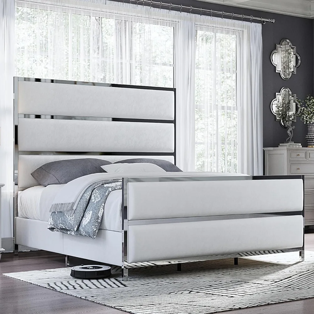 

King Size Bed Frame, Velvet Upholstered Bed with Silver Trim Headboard & Footboard, Channel Tufted Platform Bed Frame