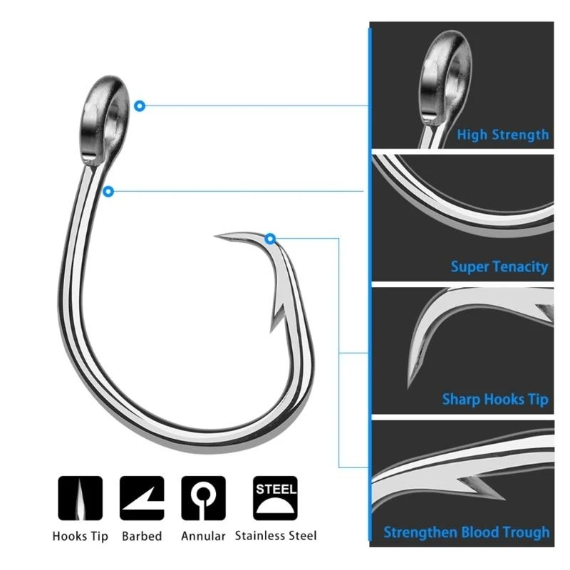 37JE 5Pcs Stainless Steel Circles Hooks Big Game Saltwater Fishhook Saltwater Tunas Fishing Hooks Fishing Accessories