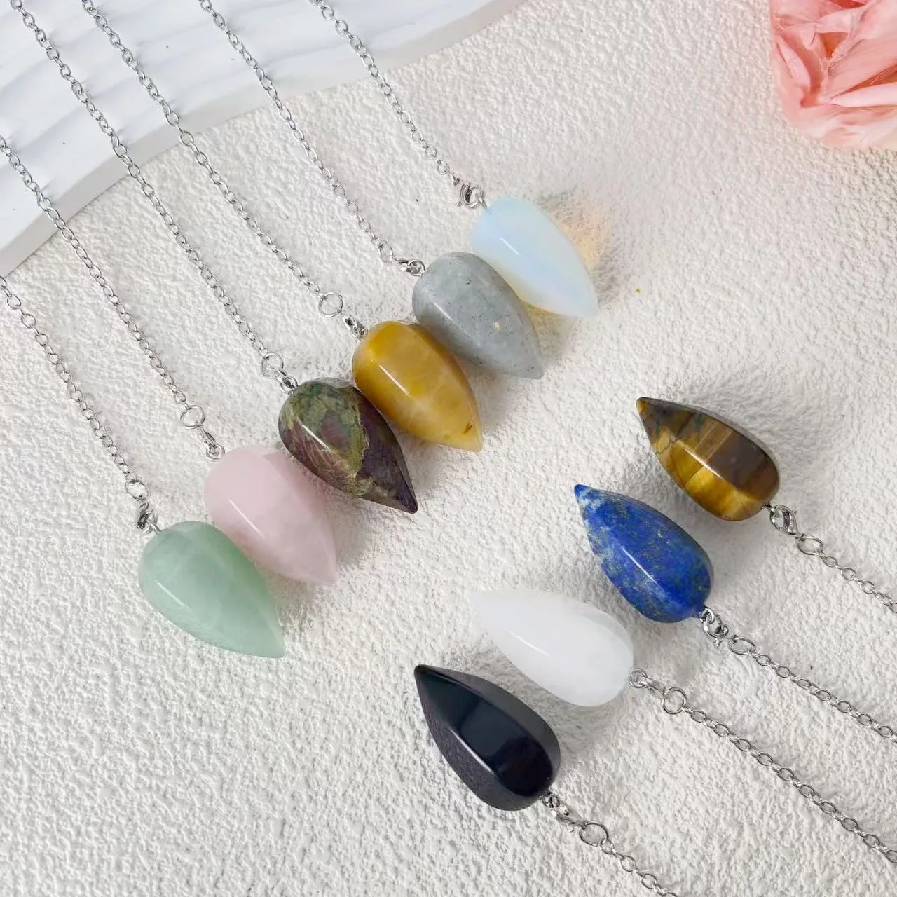 

Teardrop Natural Stone Pendulum Pendants, Healing Crystal Necklaces for Men Women