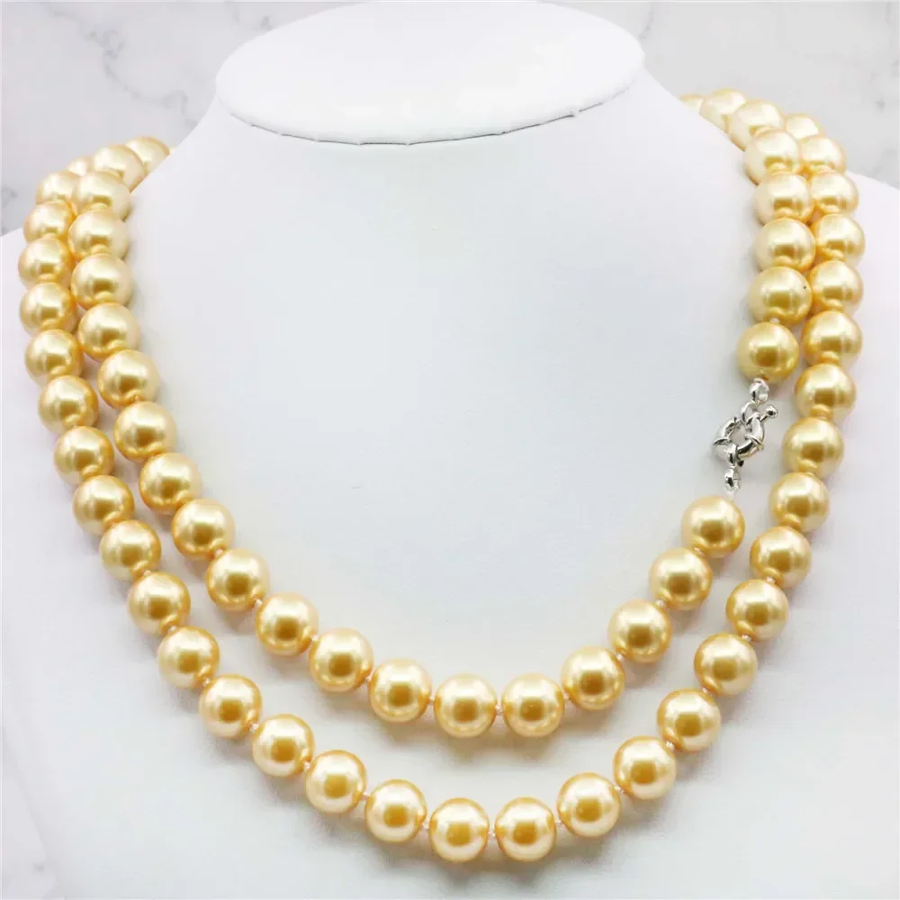 

Natural Stone 8 10 12mm gold-color AAA south sea shell pearl necklace 36INCH beads Hand Made jewelry making Wholesale Price