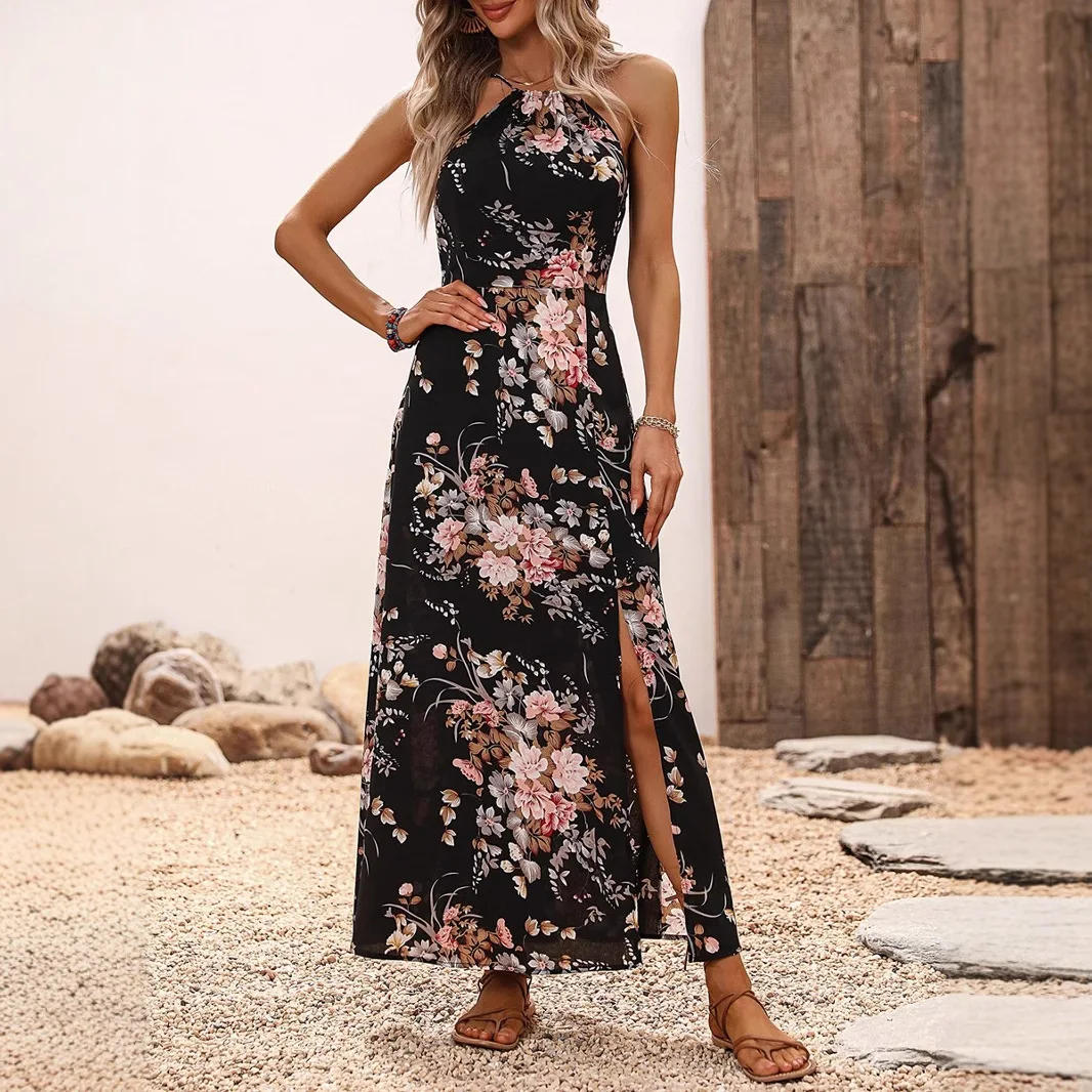 

2026 Summer Women's New High Waist Printed Dress Resort Style Slit Halter Neck Long Skirt