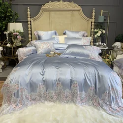 Luxury Hotel Wedding Bedding Set Bed Linen Duvet Cover Sets With Embroidery 600 Thread Long Staple Cotton Blue Princess 3/4 PCS