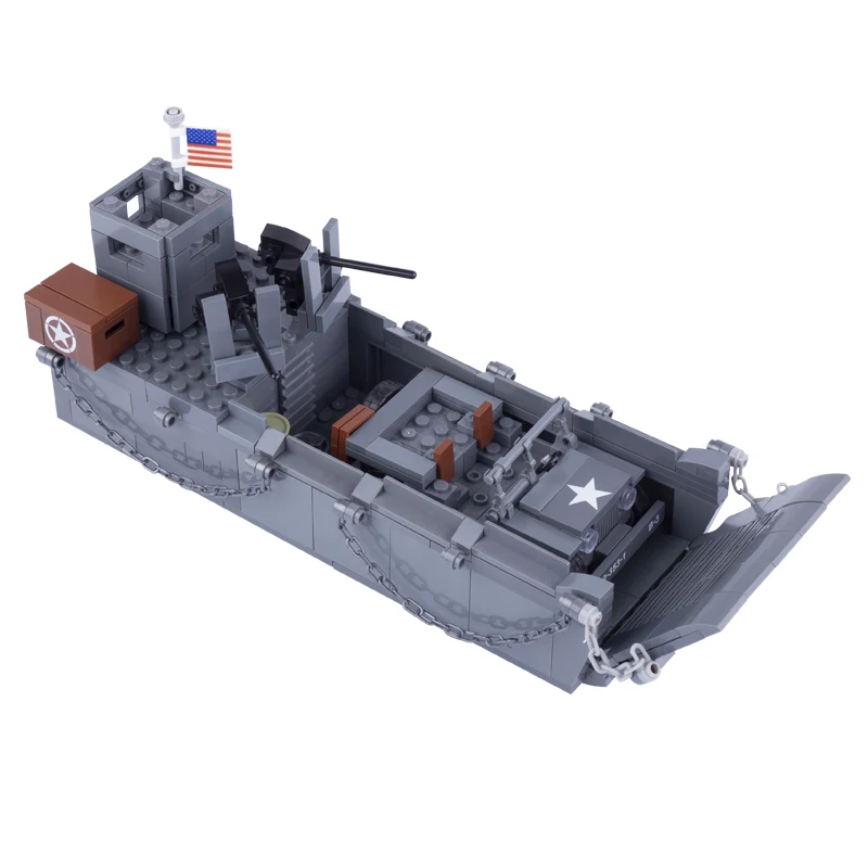 MOC WW2 Military Army US LCM3 Landing Ship Accessories Building Blocks Navy Soldier Figure Carrier Armored Car Bricks Toys Gifts