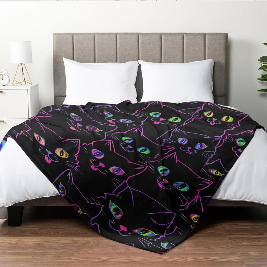 Bright Neon Outline Black Cat Head Stack Solid Black Background Fleece Blanket Cozy Throw For Bedroom Gothic Decor Present