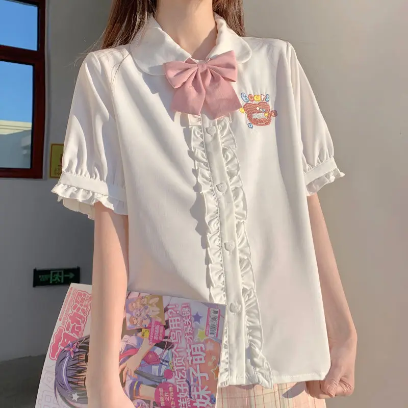 Japanische Cartoon Bär Stickerei Bluse süße y2k ästhetische gekräuselte Blusas niedlichen Kawaii drehen Kragen Hemden Frauen 2024 Sommer