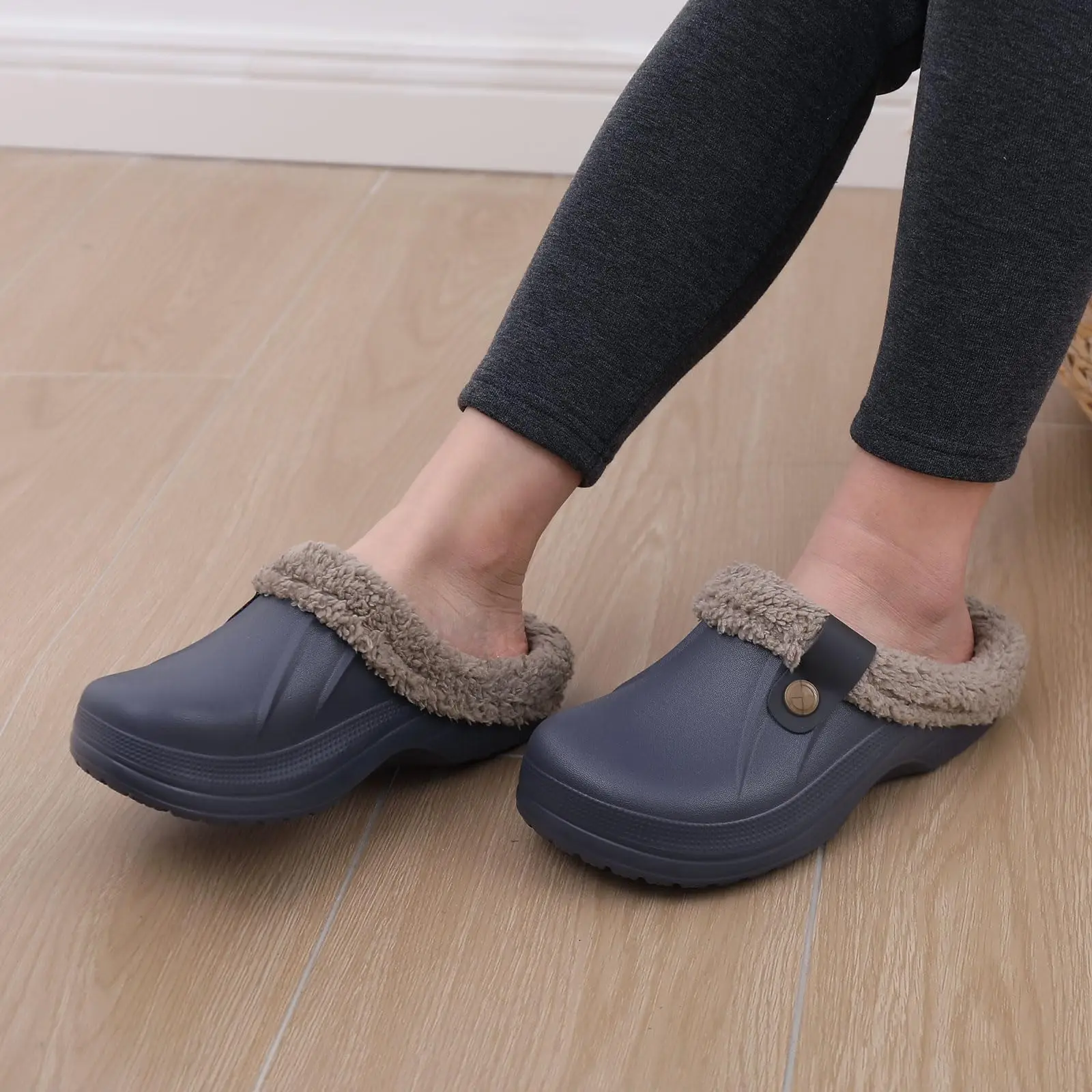 Lächeln Winter Pelz Gefüttert Clogs Frauen Fuzzy Hausschuhe Männer Warme Hausschuhe Erwachsene Outdoor Wasserdichte Hausschuhe Komfort Garten Clogs – Detail 8