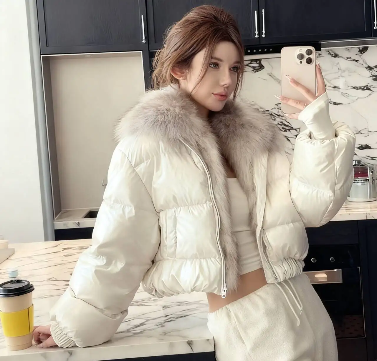 Parkas Womens Longues Winter Modal Liner Quilted Turtleneck Gold Glossy Shiny Buttonless Flap-Detail Ruffled Pleated Sashes 2025