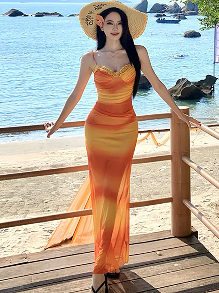 

2026 New Mesh Gradient Chic Lace V-Neck Sling Dress Women Elegant Beach Style Holiday Dress Summer Korean Bodycon Casual Dresses