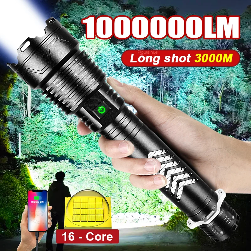 1000000LM Powerful LED Flashlight USB Rechargeable Long Range 3000M Tactical Flashlight Super Bright Torch Camping Fishing Work