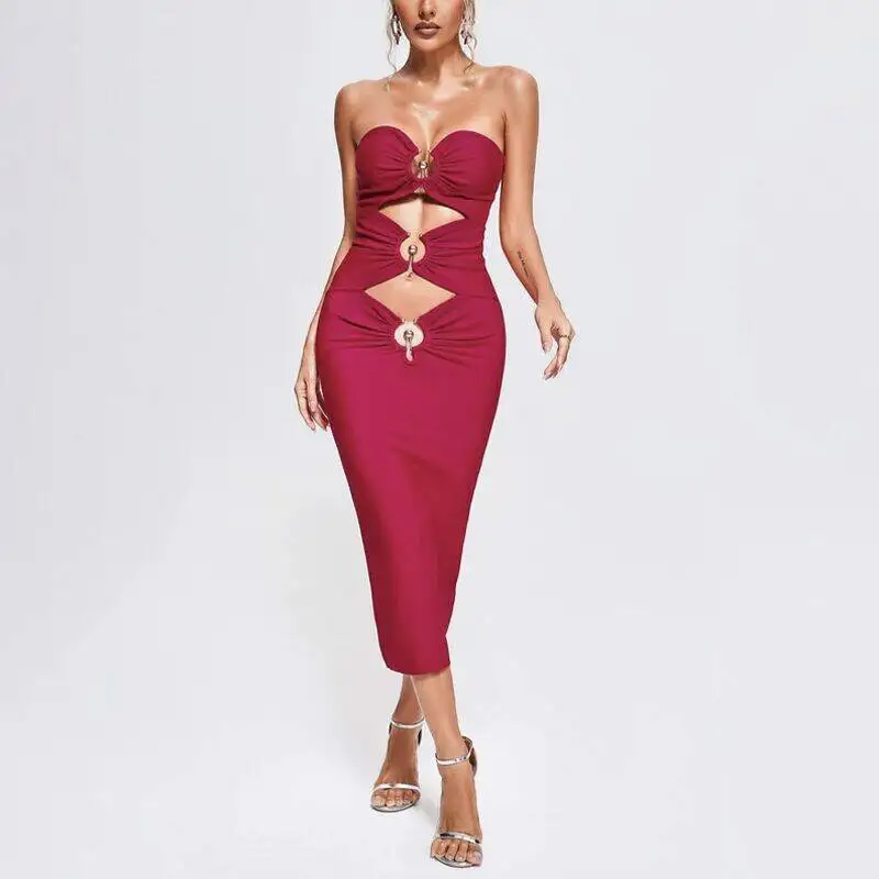 Seksowna damska dodatki metalowe bez ramiączek z wycięciami i rozciętym bandażem Midi sukienka Bodycon moda klub gwiazd impreza wieczorowa sukienka