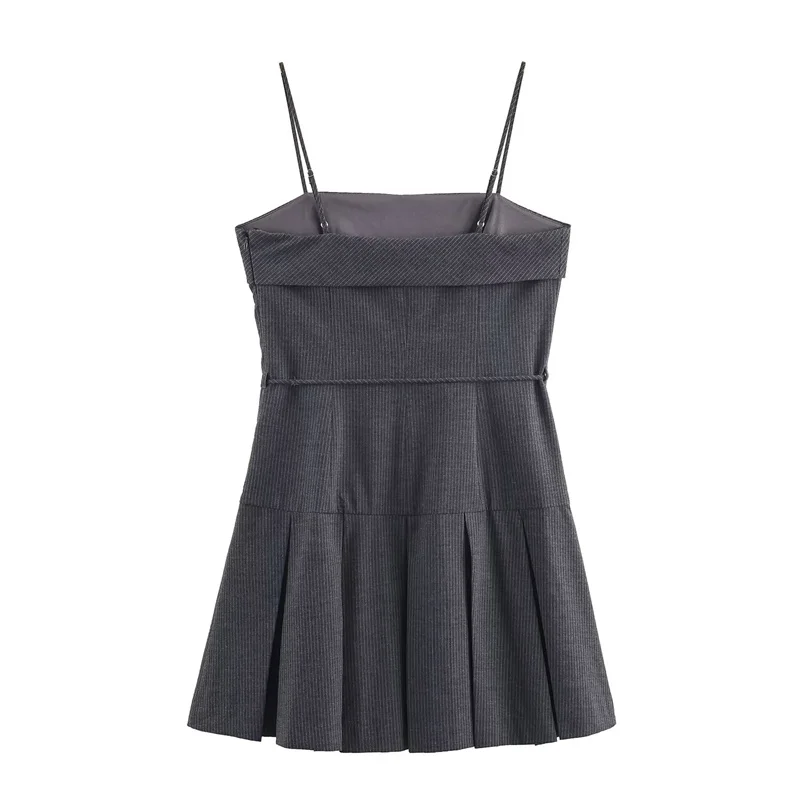 Vestido feminino 2025 inverno novo cinza listrado cinta de espaguete em camadas plissado mini vestido sexy elegante único