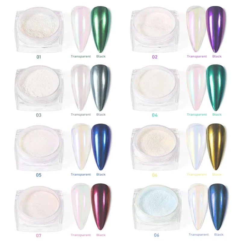 12Pcs/Set Aurora White Nail Mirror Powder 0.3g/Jar Shimmer Moonlight Chrome Pigment Dust for UV Gel Polish Manicure Decorations