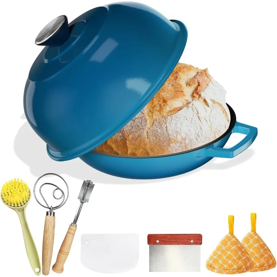 

Чугунный горшок для выпечки хлеба 5QT, эмалированная голландская духовка с крышкой-клошем для выпечки хлеба на чипах, кустарников в домашней кухне, Jewel Blu