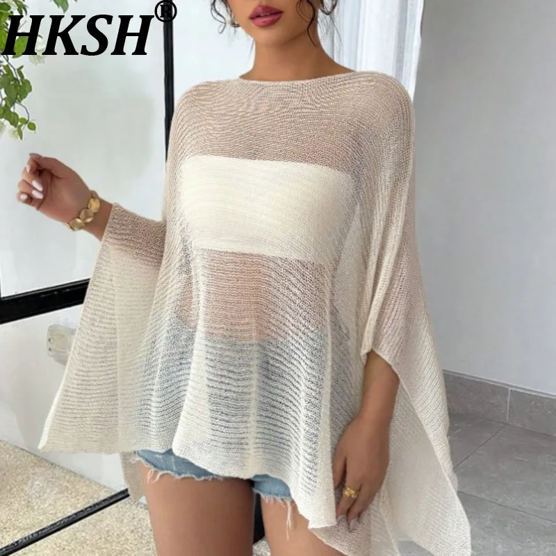 

HKSH 2026 Summer New Women Sexy Sheer Cape Shawl Solid Color Versatile Elegant Casual High-end Trend Fashion Knitted Top HK19028