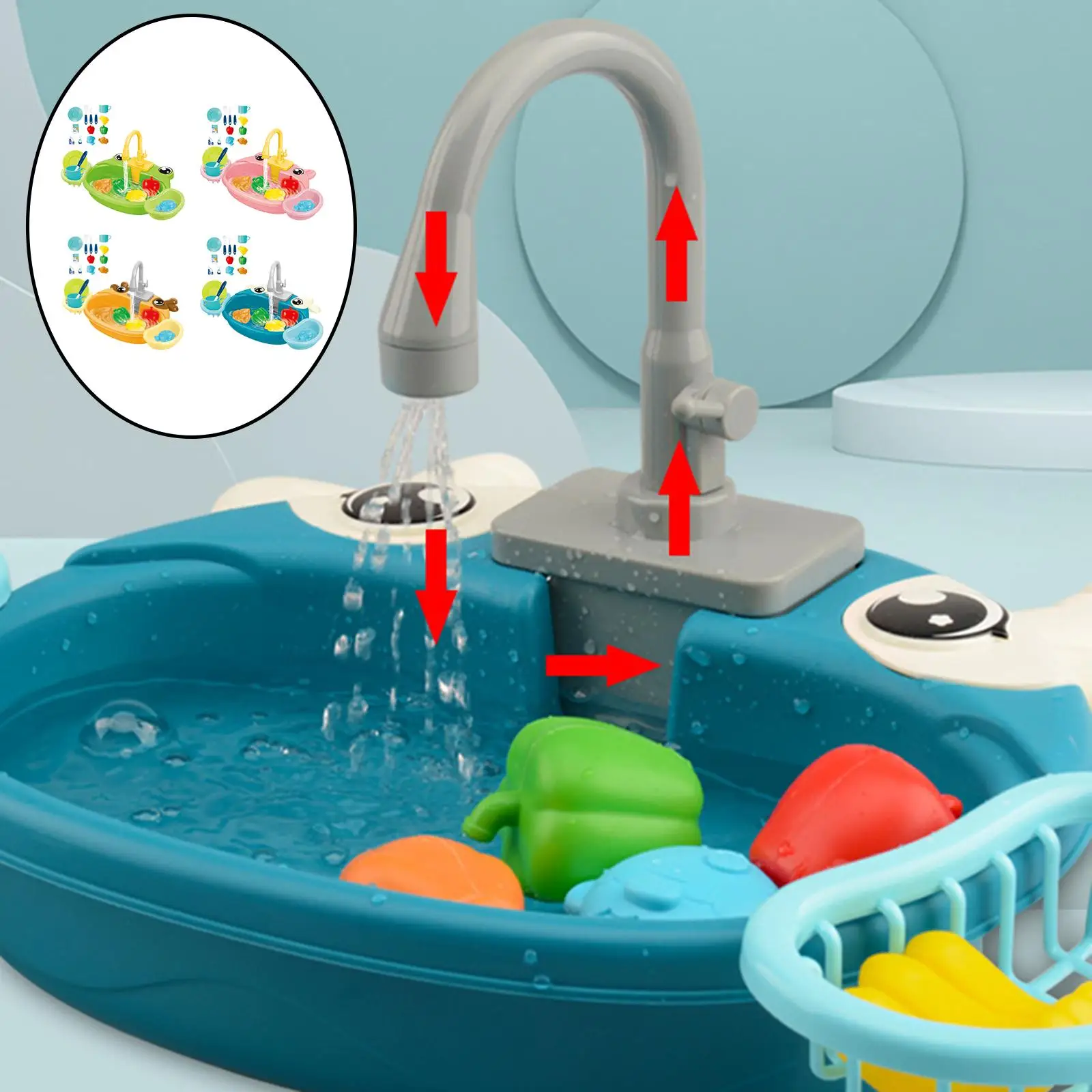 Juguetes de fregadero de cocina, platos de juego, limpieza de simulación con agua corriente, juego eléctrico para casa de juegos, regalo para niños