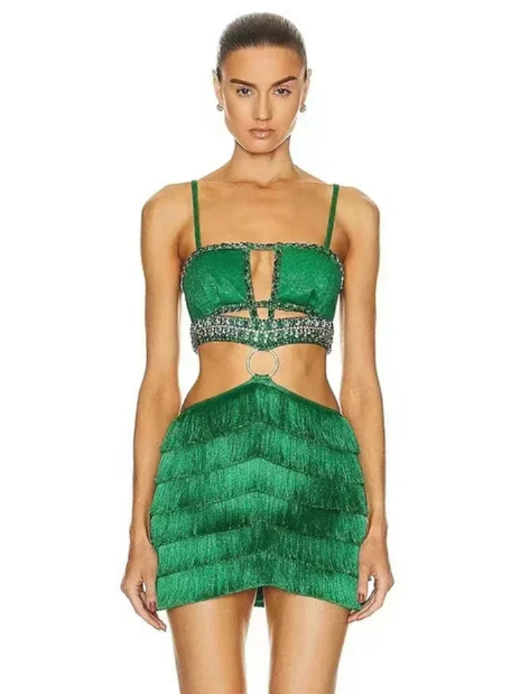 

2024 Sexy Spaghetti Strap Hollow Out Crystal Bandage Dress Women Green Sleeveless Backless Tassel Bodycon Dresses Evening Party