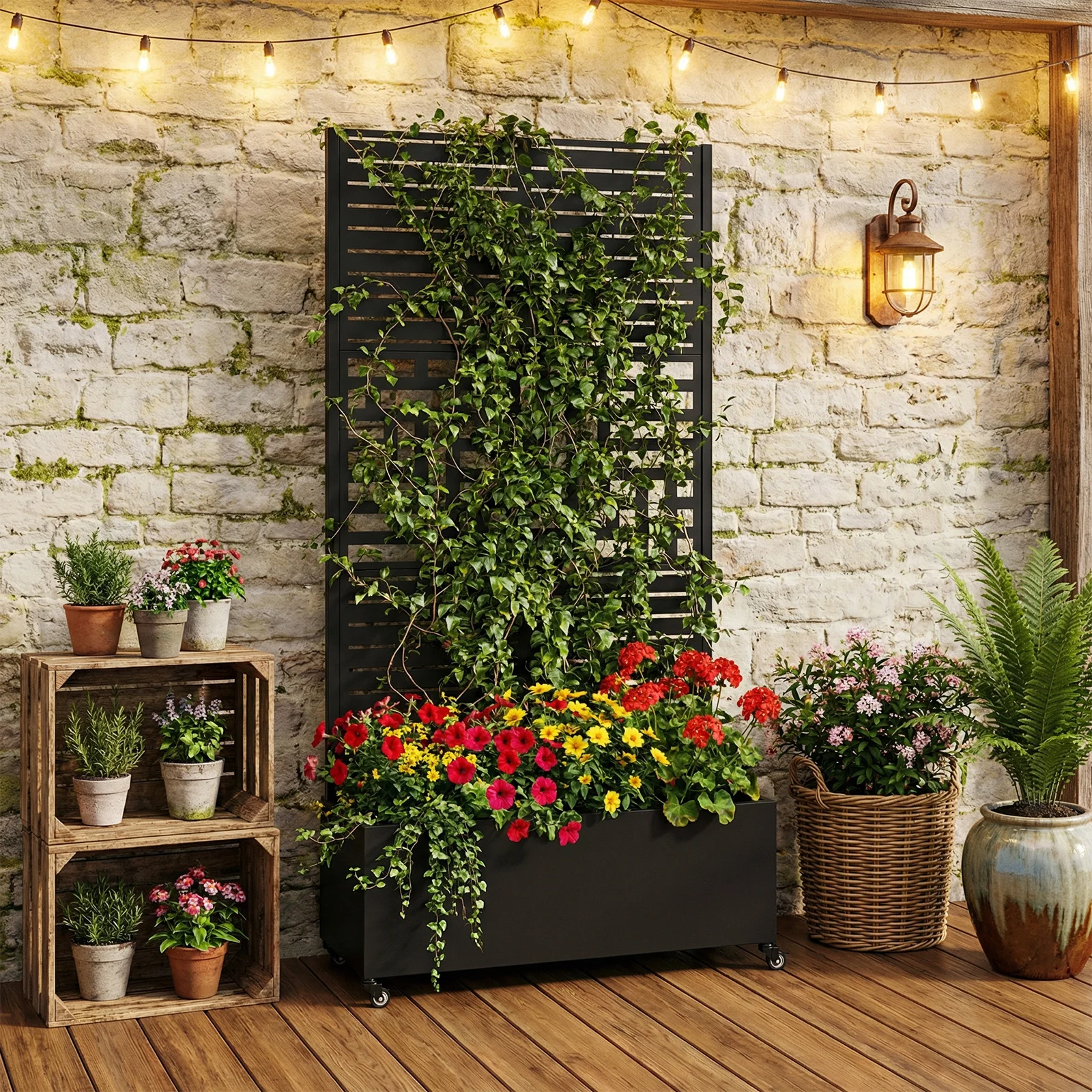 

Металлический ящик-кашпо с решеткой и колесами, 70.87x35.43x15.75 дюймов, для растений, с дренажными отверстиями, для вьющихся растений и лиан