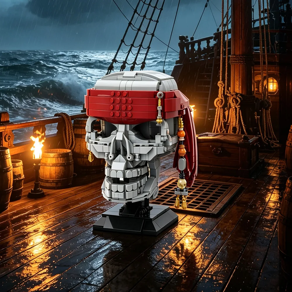 Pirate Skull Building Blocks Kit Pirates of the Caribbean Skull Wearing a Pirate Bandana Gothic Home Decor Bricks Toy Adult Gift