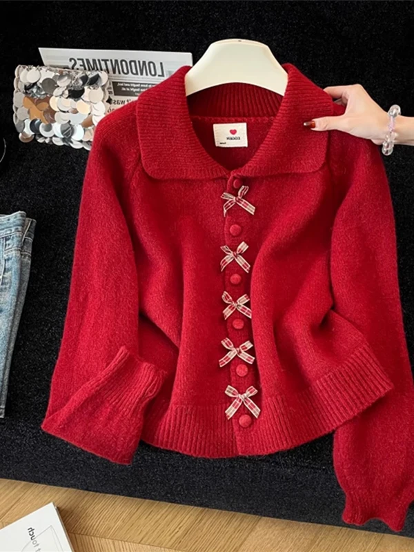 

Red Knitted Open Cardigan Doll Collar Turn-down Collar Camere Sweater for Women Premium Quali Cotton Long Sve
