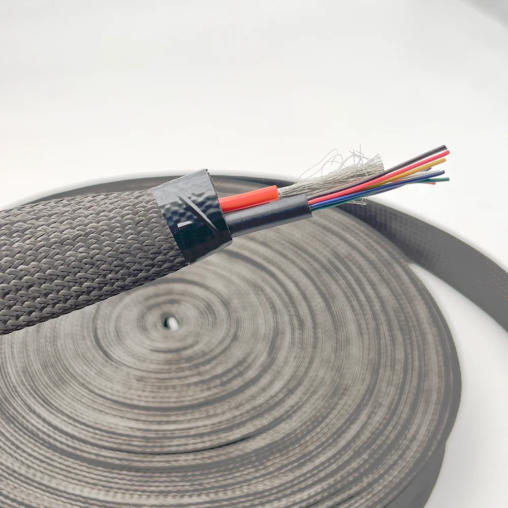 Black Carbon Fiber Cable Sleeve High-Temp Sleeve ID 4-80mm Shielding Sleeve Heat&Wear-Resistant Telescopic Braided Mesh Tube